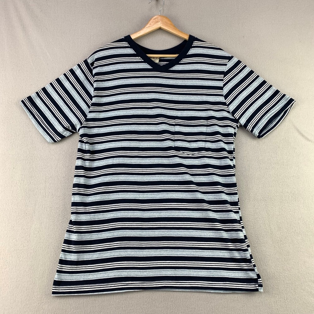 Vintage Open Trails Pocket T-Shirt Mens XL Blue Striped Knit V-Neck 90s Preppy